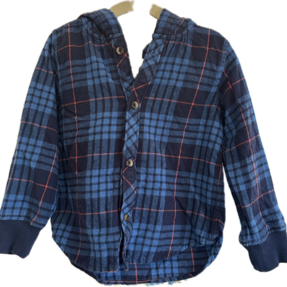 Hanna Andersson Blue and Red Plaid Kids Button Down Hooded Flannel Shirt